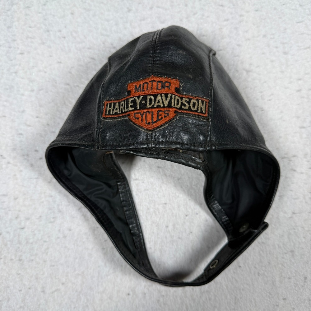 Vintage AMF Harley-Davidson Black Leather Aviator Motorcycle Cap Hat Large
